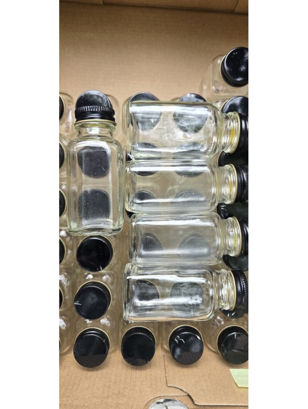 43 pcs Clear 2 oz 60 ml Square Glass Bottles Black Cap 3.4"x1.5" Mint Condition